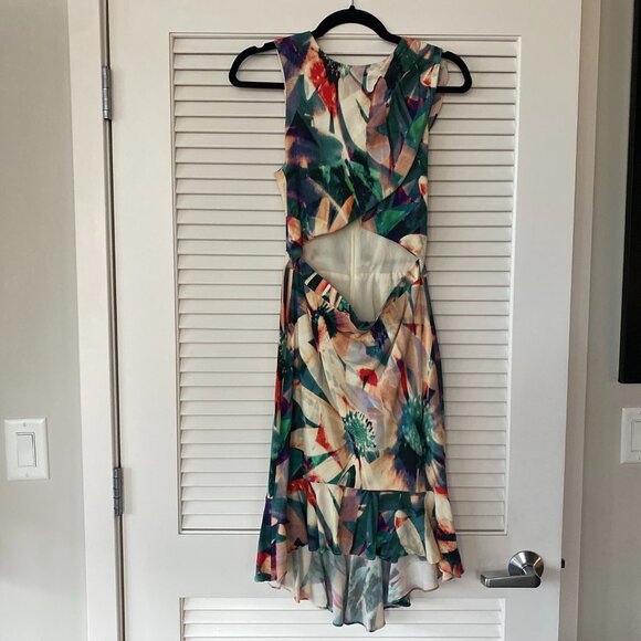 Artelier Nicole Miller Calatheas Floral Ruffle Cutout Hi-Lo Sheath, Size 4 - Picture 1 of 10